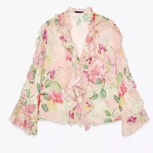 Zara Blouse Top Ruffle Pink Floral Print Chiffon  Women M Flare Sleeve 3531/317